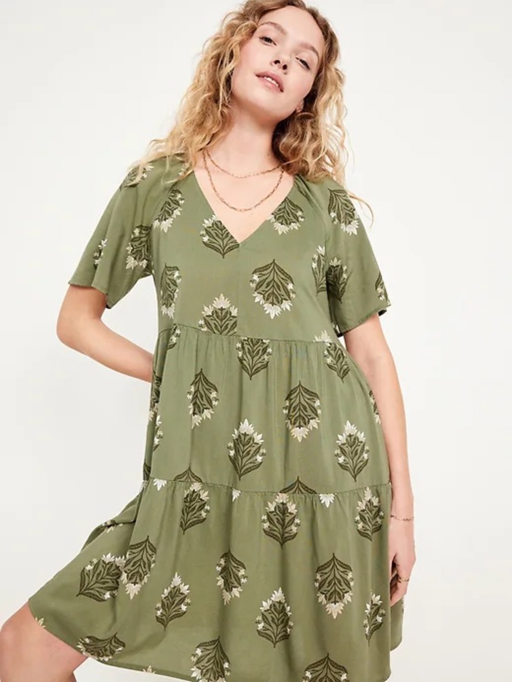 Old Navy Olive Green Floral V-Neck Tiered Mini Dress - Picture 7 of 11